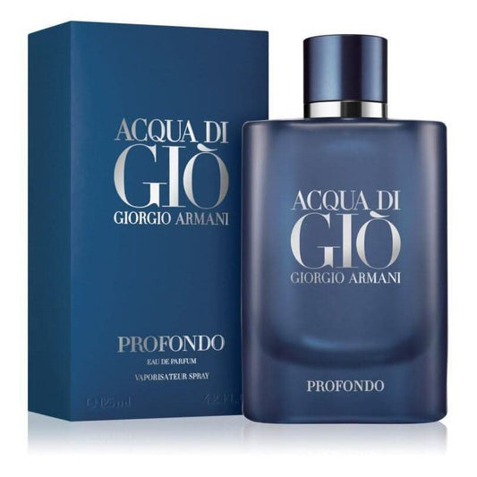Acqua di Giò Profondo Eau De Parfum Armani Acqua di Gio Profondo is a men's fragrance that offers an intense and fresh reinterpretation of the original Acqua di Gio. Fragrance: Acqua di Gio Profondo presents a powerful marine and fresh scent inspired by t