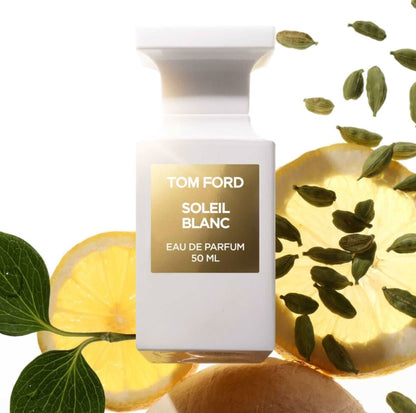 Soleil Blanc Eau De Parfum Tom Ford Soleil Blanc Eau De Parfum is a sun-soaked, luxurious fragrance that transports you to the idyllic warmth of a private tropical paradise. This scent is a celebration of the sun, encapsulating the glow of bronzed skin an